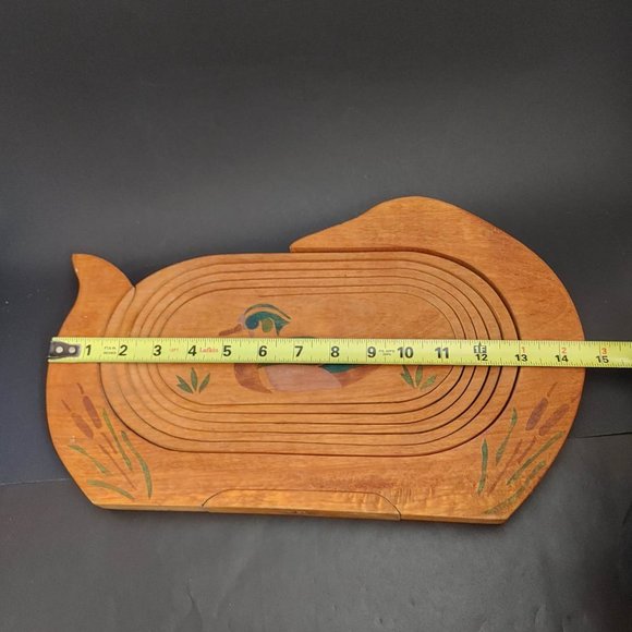 Duck Collapsible Wood Spiral Cut Basket Fruit Bowl Trivet w/ Duck Accent 14.75" - Picture 9 of 9